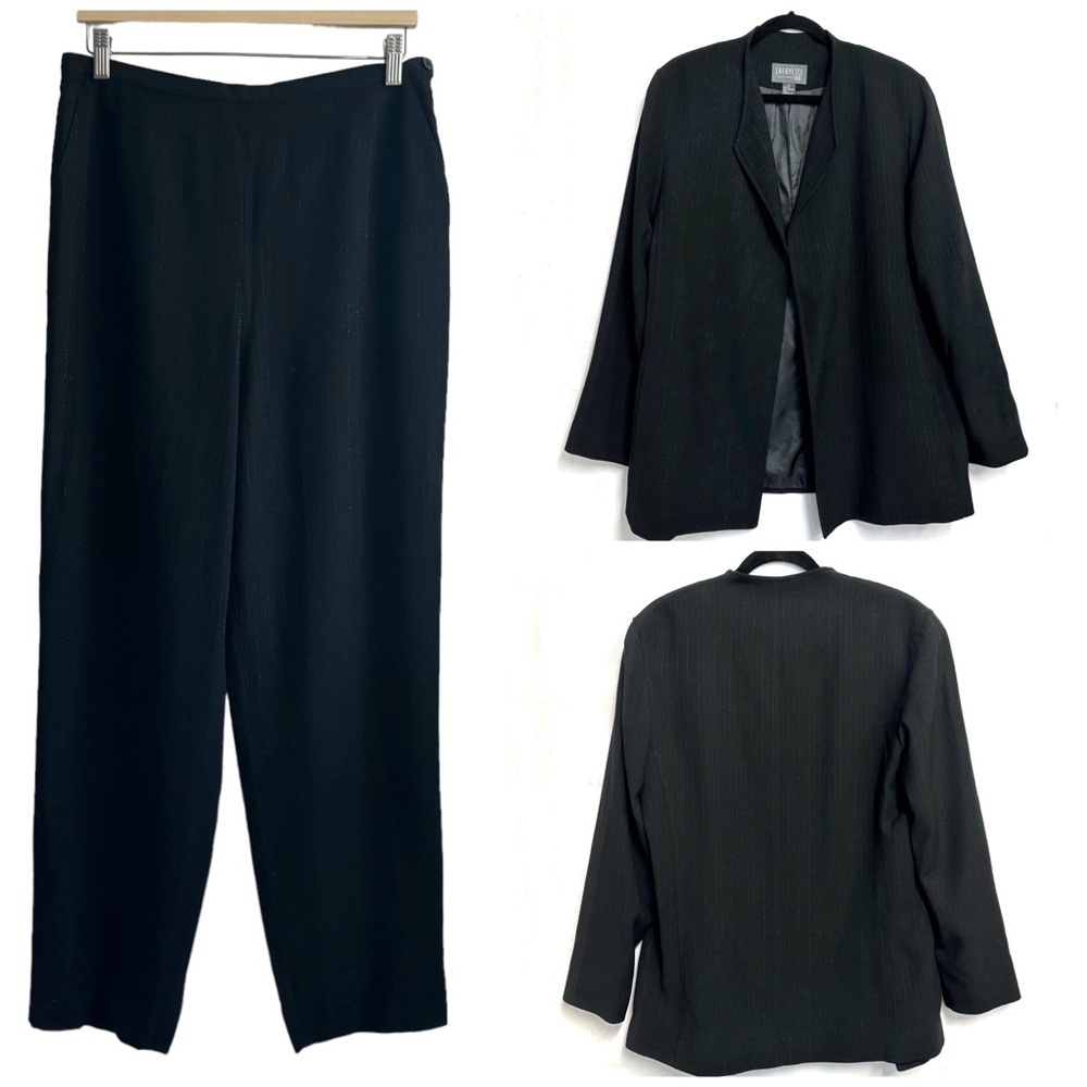Lafayette 148 Wool Blazer And Pants Sparkly Pinstriped Set Black And Silver 12